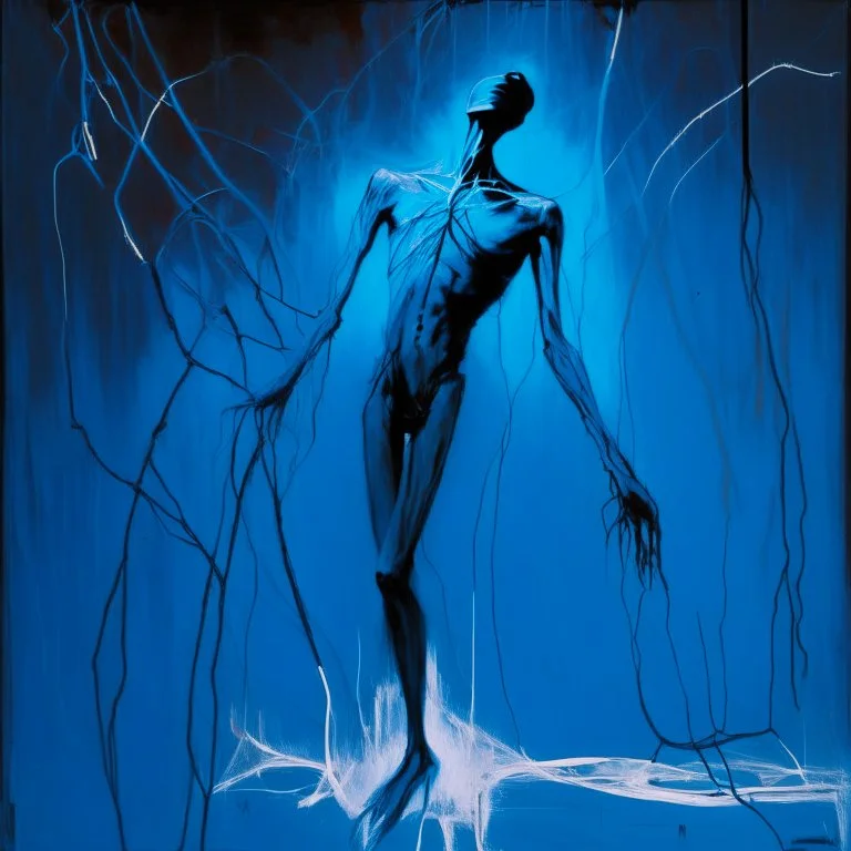 Minimal abstract oil painting of a naked body limbs sinew twisted . Background of bright blue with random words. hanging wires illuminated at night. In the style of Justin Mortimer and Phil Hale and Ashley Wood