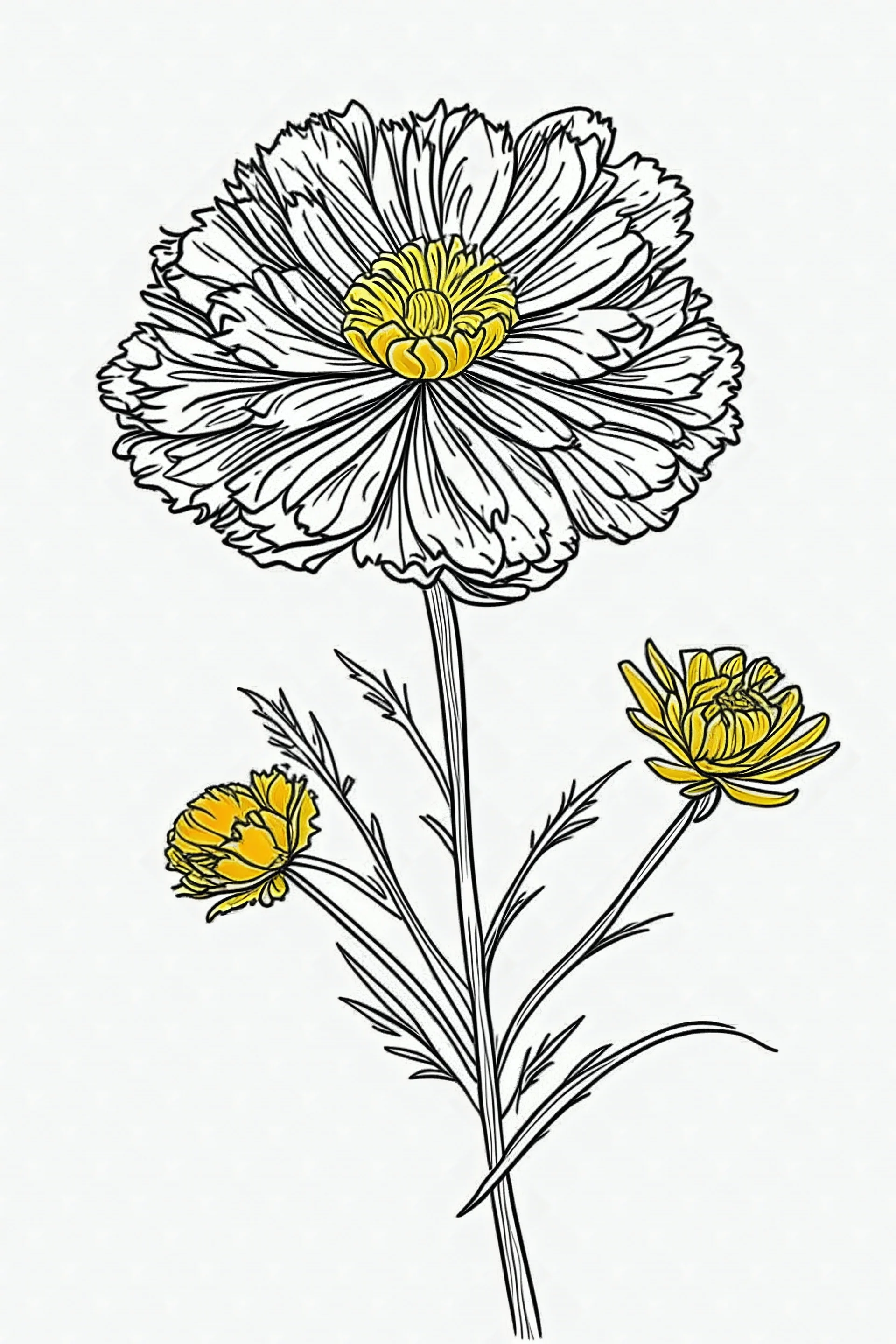 outline art for marigold flowers on a rough ground, white background, Sketch style, full body, only use outline, toddlers style, clean line art, white background, no shadows and clear and well outlined.