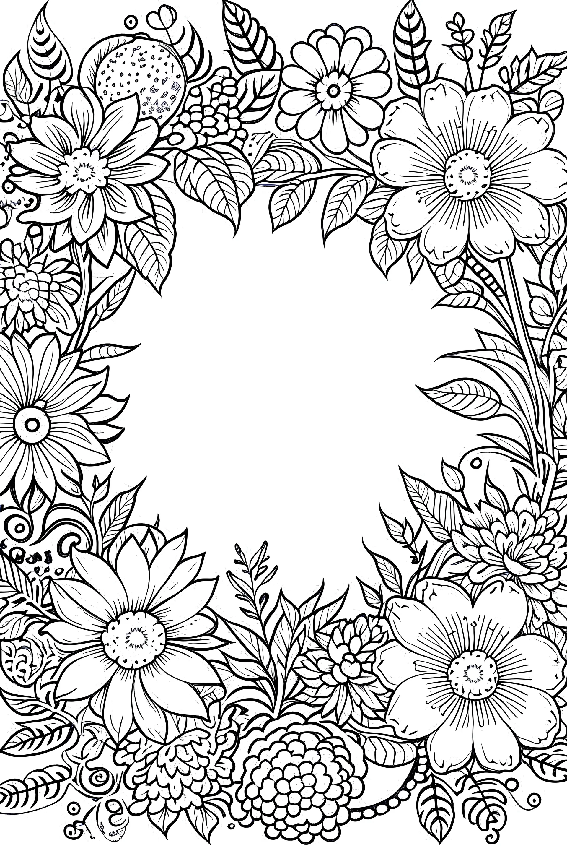 black and white beautiful thin frame made out of flowers for coloring pages, use a lot of big flowers in the thin frame, go all the way to the edges for the frame and leave a lot of space in the middle of the page, use only black and white, clear crisp outlines, no black background, go all the way to the outer edges of the page, use more space in the center of the page, make it rounder, use less shading, use more space in the center of the page, widen the frame, open up the frame