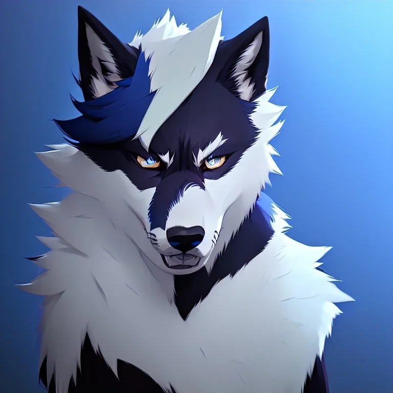 wolf furry blue hair digital art anime style male white fur anthropomorph