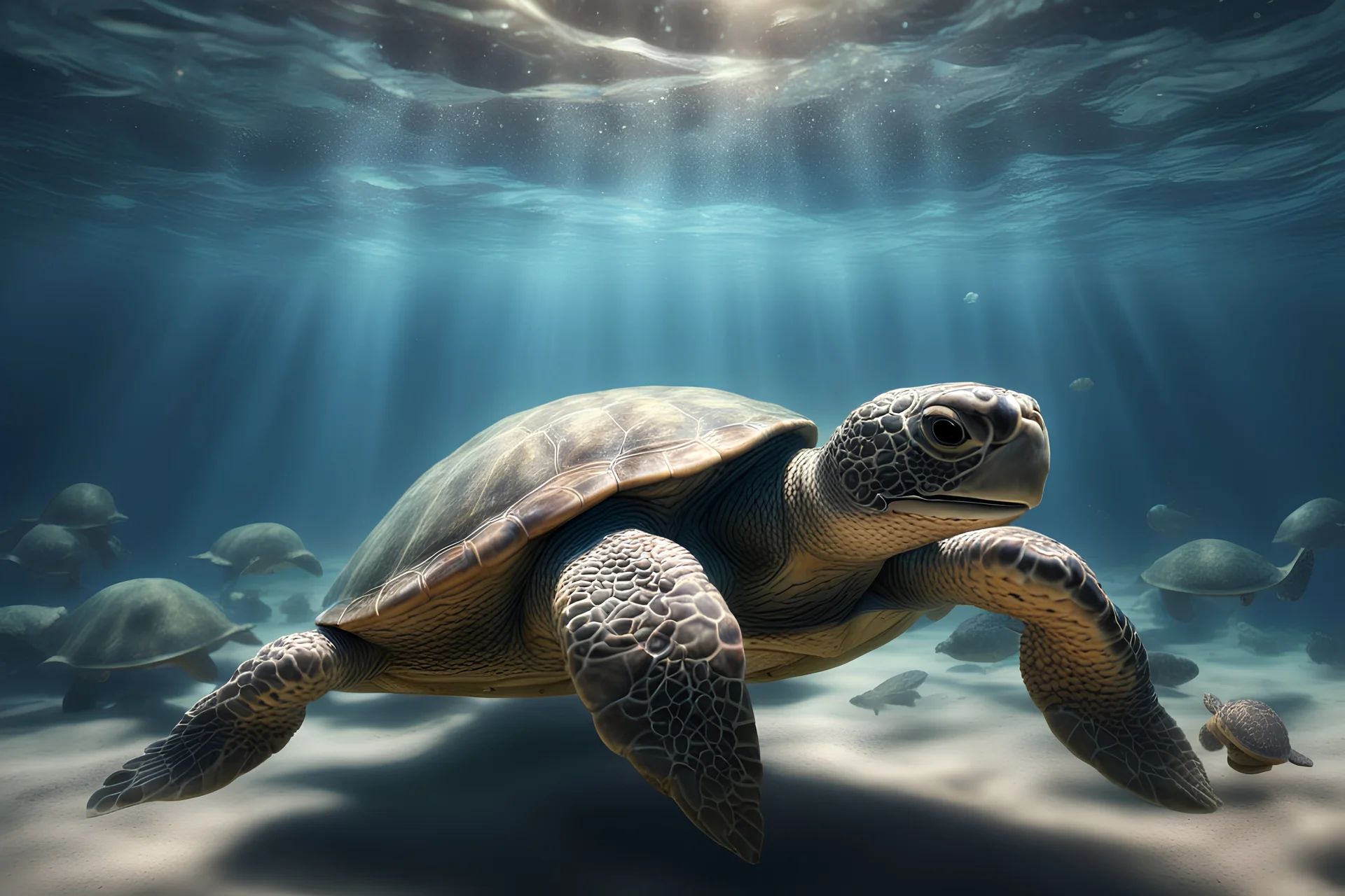 under water scene: 2/3 under water scene, turtle: eating plastic bag: small right side of the picture, hyperrealistic 16k, 3d rendering, expressively detailed, dynamic light, dystopian