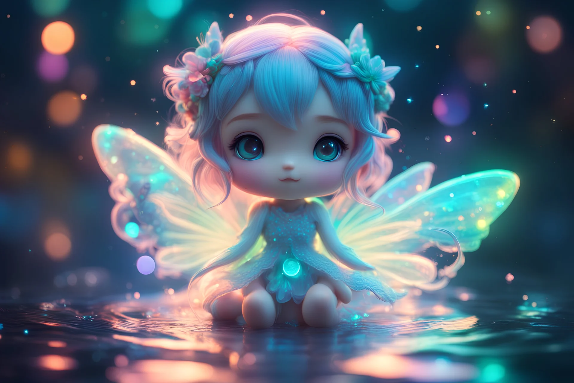 cute chibi holographic bioluminescent neon color water fairy, ethereal, cinematic postprocessing, bokeh, dof