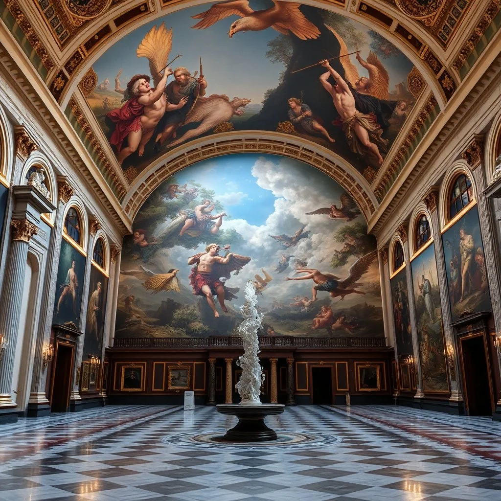 give a photo of a luxury musium hall with most famouse painthings of world