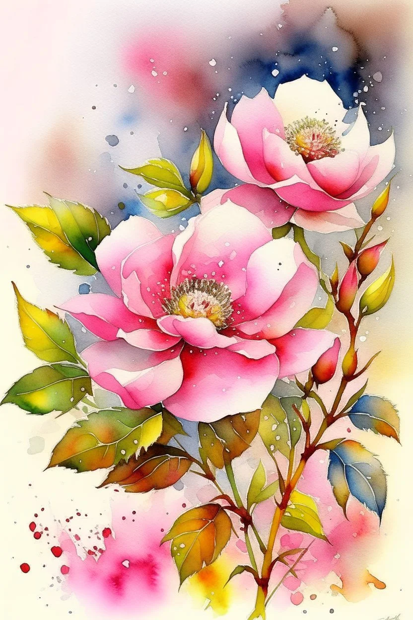English watercolor, ink drawing. A bush of blooming pink and white rosehip in full size in height. A small drawing. Glitter, small diamond sequins. Pink, silk, milk, mother of pearl. Foliage. The background is a hazy haze. Softness, tenderness, SGI, octane rendering, megapixel extension 1028k ultra HD. volumetric, 5d, blue background