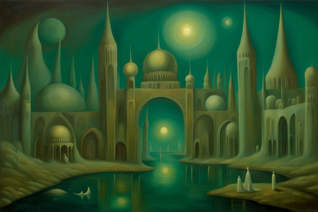 a surreal noctilucent city with arches, glittering domes and rivers by artist "Leonora Carrington",by artist "Agostino Arrivabene"