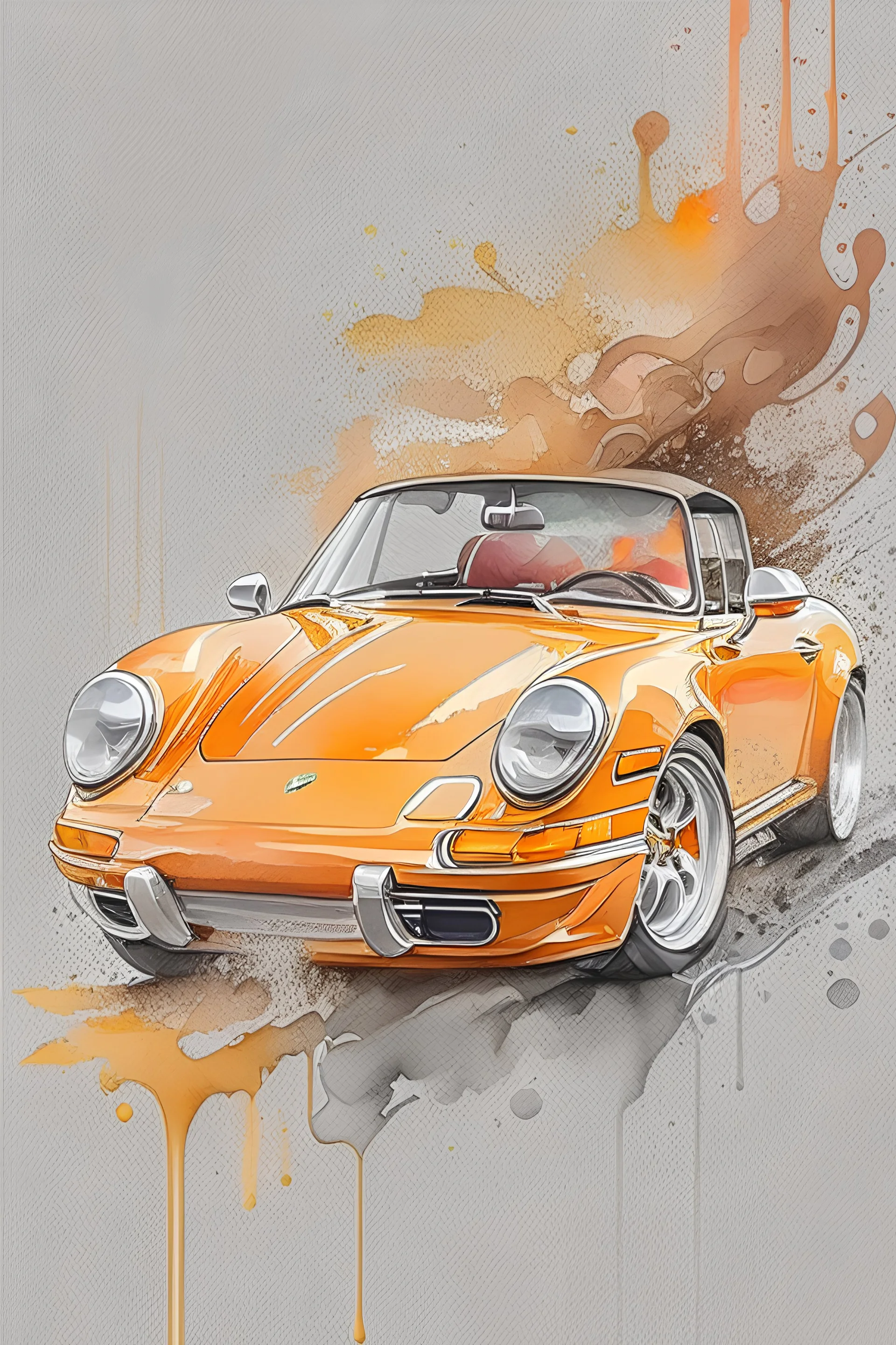 watercolor, zoom, soft, a detailed golden vintage cabriolet car, Porsche with white interior, graffiti elements, powerful zen composition, dripping technique, & the artist has used bright, clean elegant, with blunt brown border, 4k, detailed –n 9, ink flourishes, liquid fire, clean white background, zoom in, close-up,