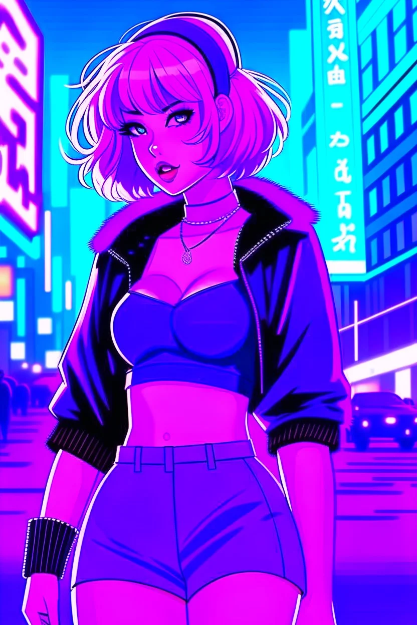 retrowave anime cyberpunk girl, scarlett johanson, furr skirt