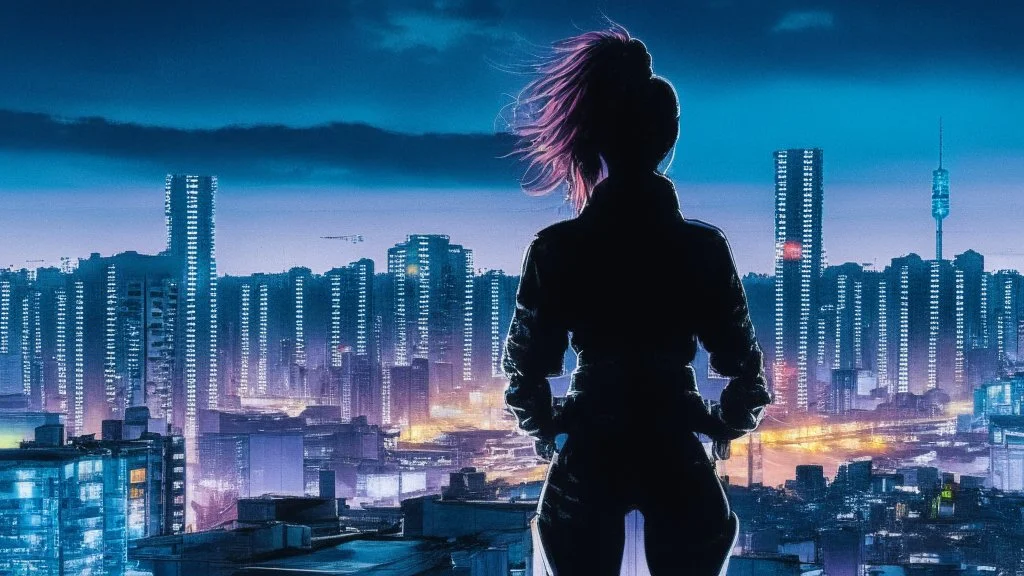 Clear Focus, High resolution, Beautiful girl standing backwards to a Cyberpunk skyline, comic style