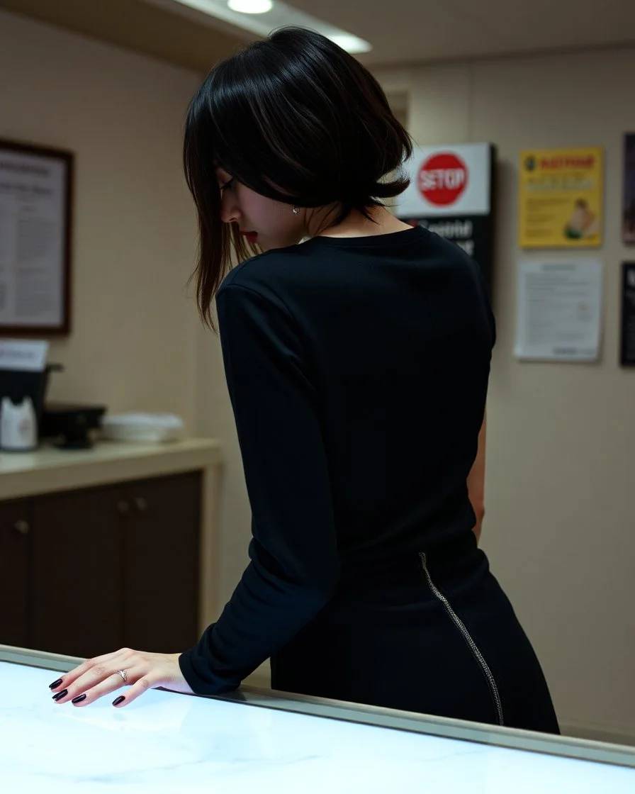 punk emo girl hands on counter and leaning backward away from \ a reception desk