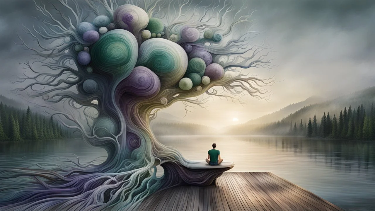 back to the camera on a beautiful amorph bench a figure sittings in pale gray t-shirt , beautiful blure landscape with deep green blure forests and overlooking the water of the nearby lake, calm, harmonious atmosphere, muted dark colors, purple, white, gray, green, blue, brown, silver, and pale colors, ,not too colorful colors, Whimsical style and giant stunning fade neuron network all over the sky, half shadow and half light picture, surreal stunning vibe