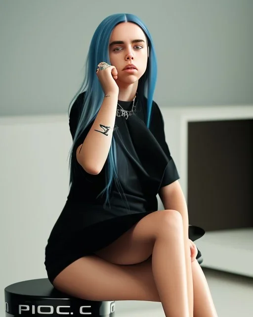 Billie Eilish, sitting on a chair, Black Short Dress, high detail, realistic