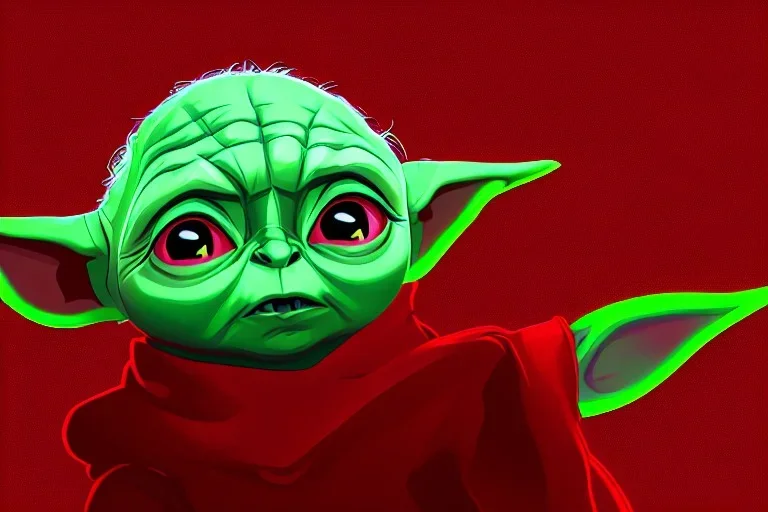 baby yoda wearing a red christmas hat . neon backround