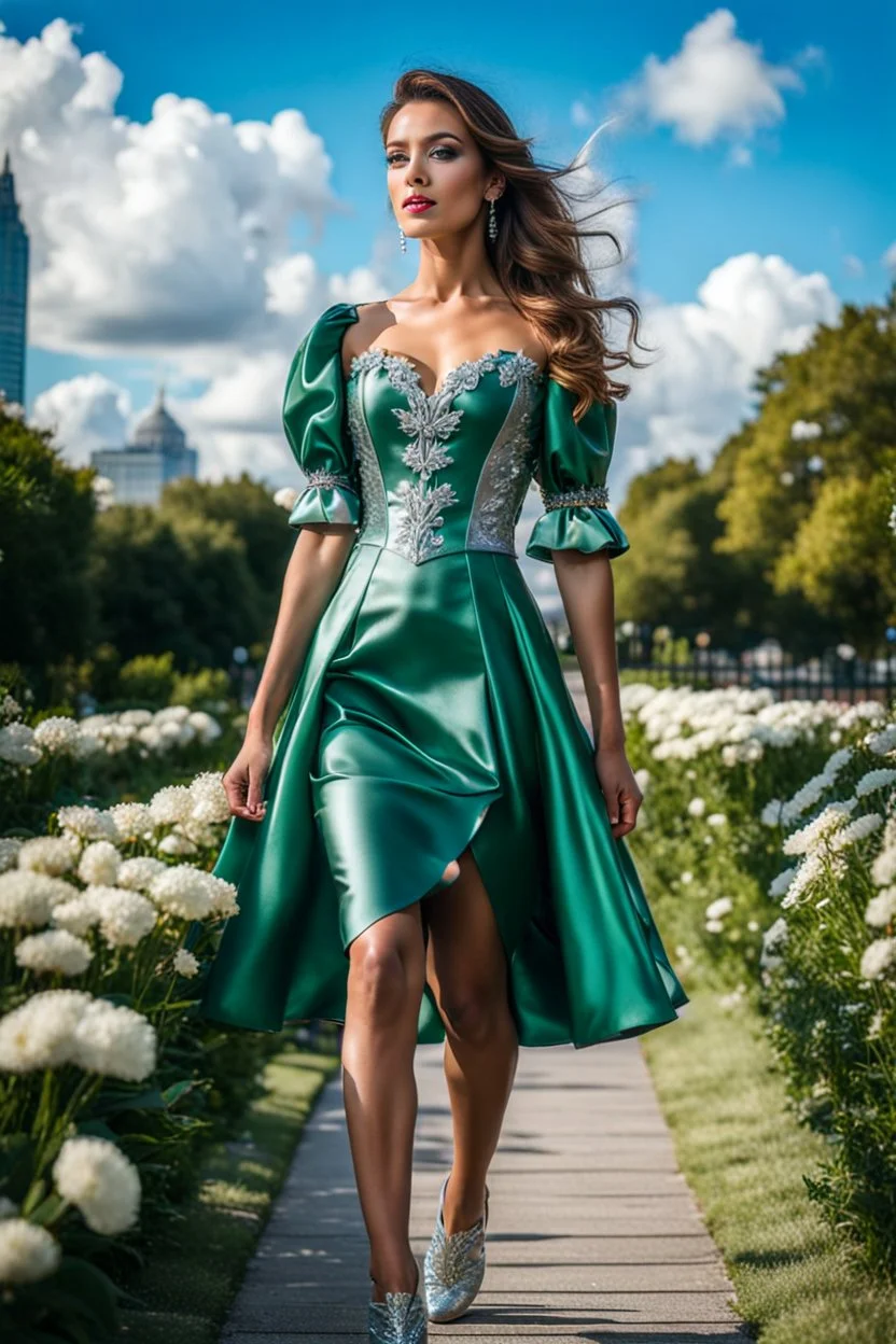 fullbody girl makeup wearing a dark green-silver victorian short dress walking in moder city of 2040 park ,flowers ,pretty clouds in blue sky,city escape.