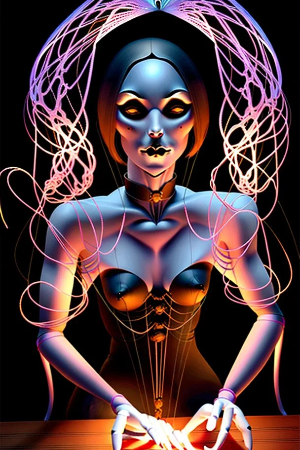 A dramatic digital mage of a woman seated on a table,facing to the front ,she is connected to string like a puppet, arms in air, moved by the strings, puppet like features in the face, beautiful face, behind her also facing the front is the puppet master,is a huge image of a man holding the strings, creepy gothic character,.zoomed in, dark and shadowy background with selective lighting on the woman, gothic and chaotic