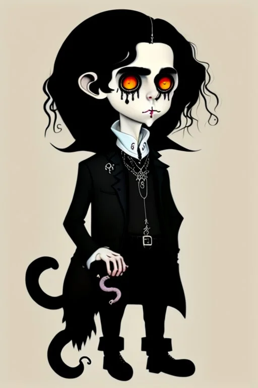 black haired black eyed young man necromancer goth hobbit with gothic jewelry and pet black rat in the style of Charles Addams