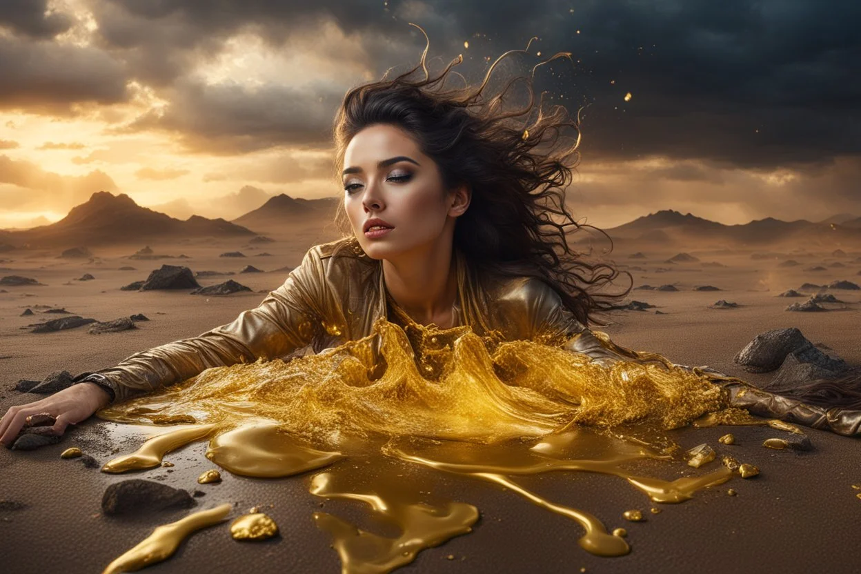 A hyper-realistic photo, beautiful woman lying on ground disintegrating into gold dripping ink and slime::1 ink dropping in water, molten lava, , 4 hyperrealism, intricate and ultra-realistic details, cinematic dramatic light, cinematic film,Otherworldly dramatic stormy sky and empty desert in the background 64K, hyperrealistic, vivid colors, , 4K ultra detail, , real photo, Realistic Elements, Captured In Infinite Ultra-High-Definition Image Quality And Rendering, Hyperrealism,