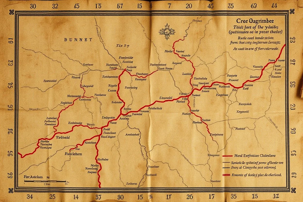 a scan of an ancient Cree Anishinaabe road map, hand drawn been stained and weathered, text is in Cree Syllabic