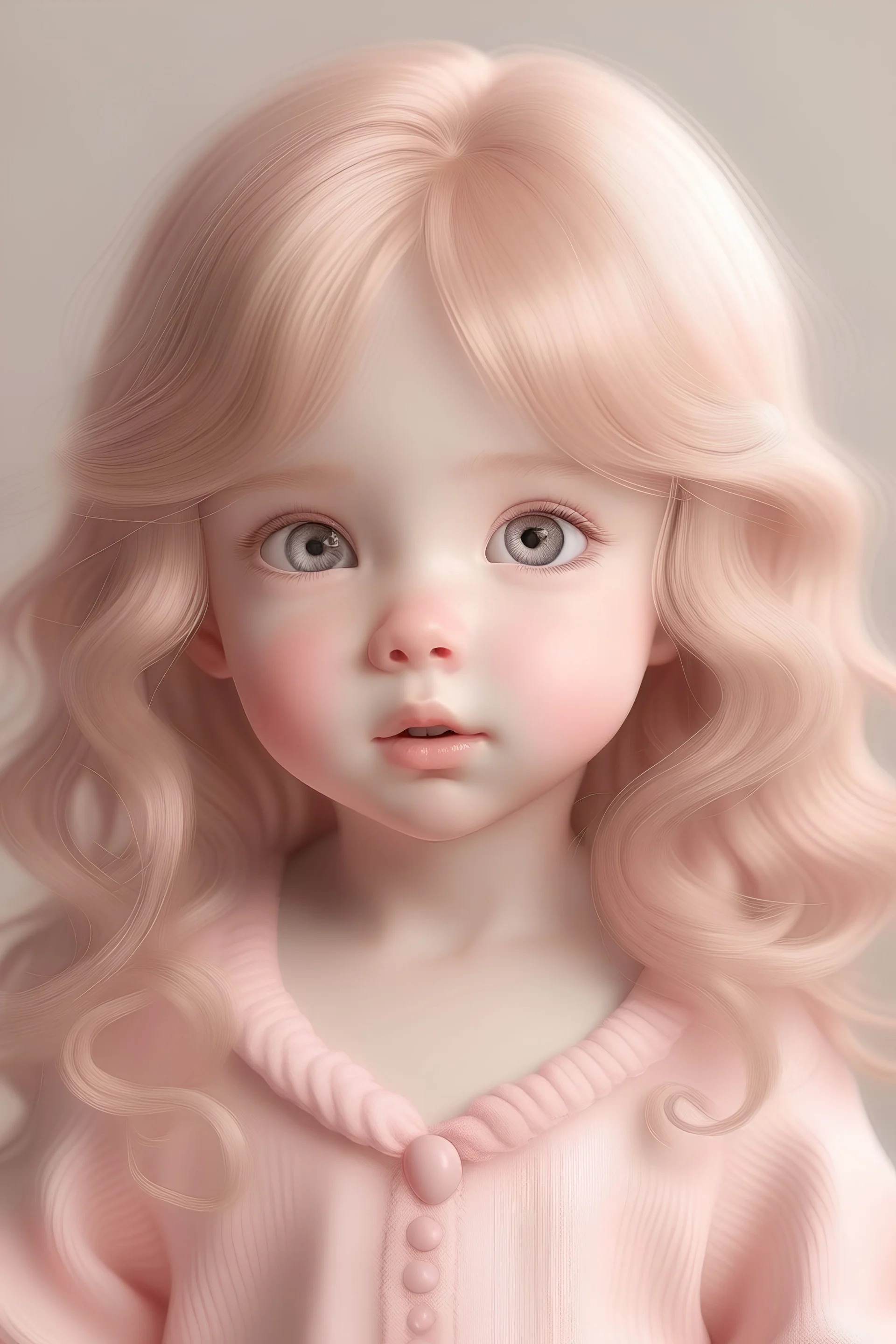 realistic Cute and sweet Japanese little girl with light pink blond wavy hair, round face, pink ribbon earrings, long eyelashes, rosy cheeks, brown watery eyes
