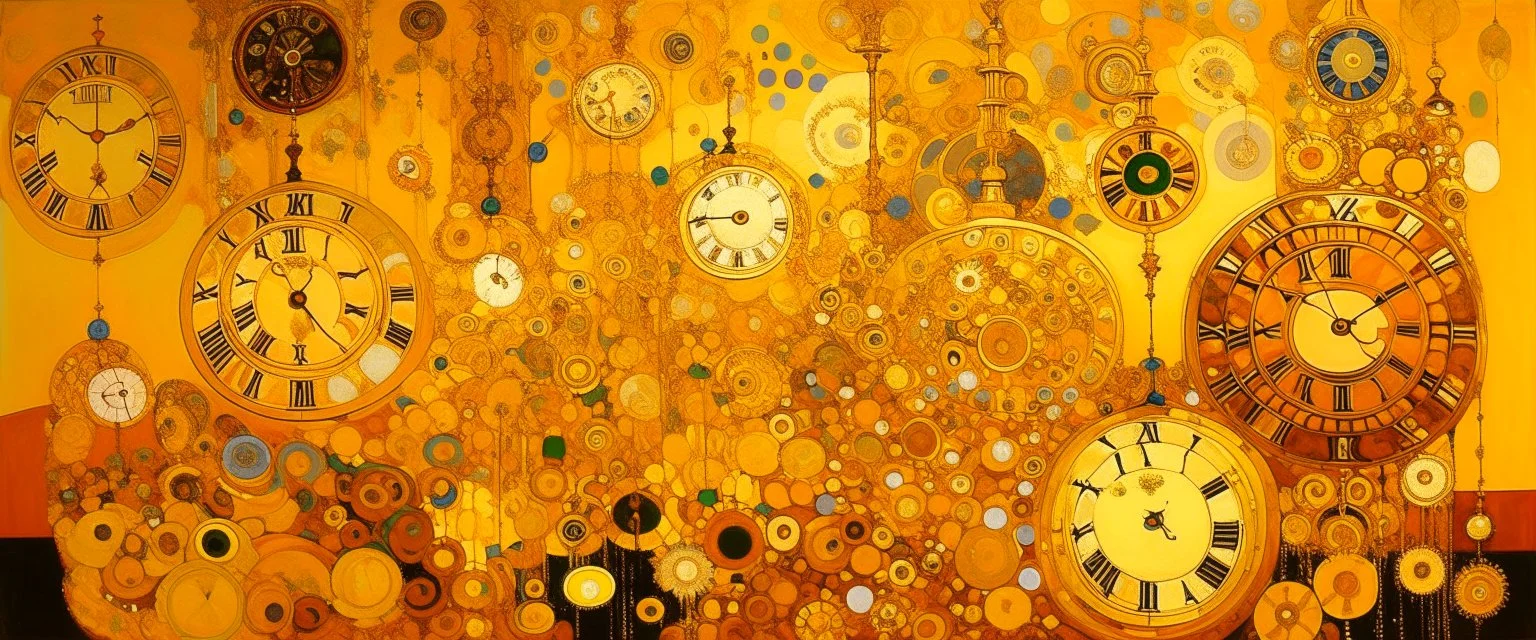 A golden yellow luminous carnival with clocks and hourglasses painted by Gustav Klimt