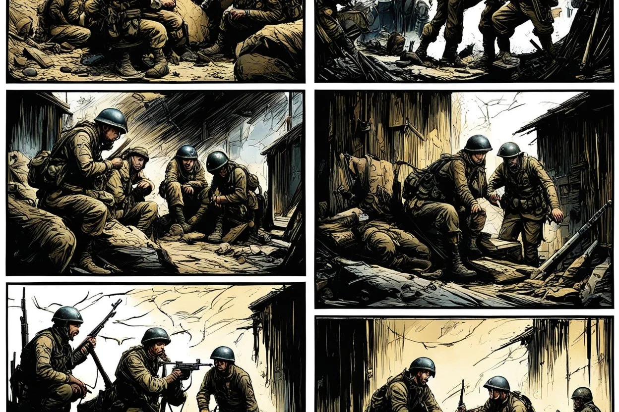 Masterpiece1:5)(Fineart), (award-winning:1.5), highest quality, war journalism editorial ,(by Tim Page, Hoorst Faas:1.5)),(Eastern Ukraine:(panel one:the moment after a battle ends, horrors of war, wounded men),(2nd panel, cinematic shot of men sitting in trench with 1000 yard stare (focus on their eyes:1.5)),(the third panel shows troops tired but hyper alert), (the fourth panel shows the sky is filled with incessant, fire and smoke everywhere,)