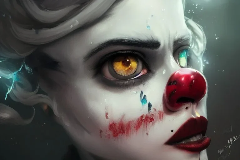 a Photorealistic dramatic hyperrealistic beautiful criyng clown paint ,Crystal black eyes, elegant, by WLOP,Artgerm,Greg Rutkowski, Beautiful dynamic,shadows,Artstation,concept design art,Octane render,8K