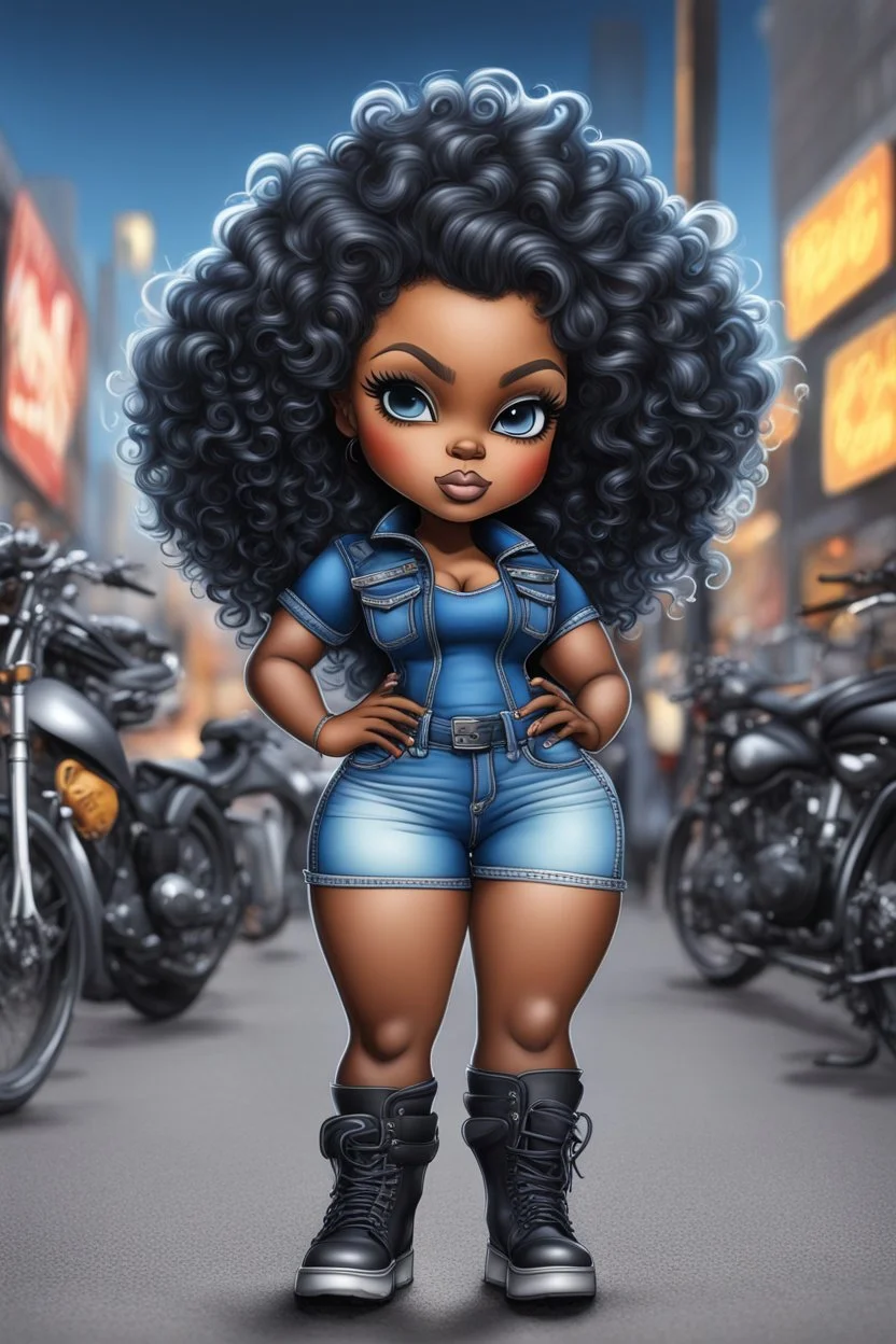 create an airbrush illustration of a chibi cartoon voluptuous black female wearing a blue jean outfit with biker boots. Prominent make up with hazel eyes. Extremely highly detail of black and blonde tight curly hair. Background of a bike show.