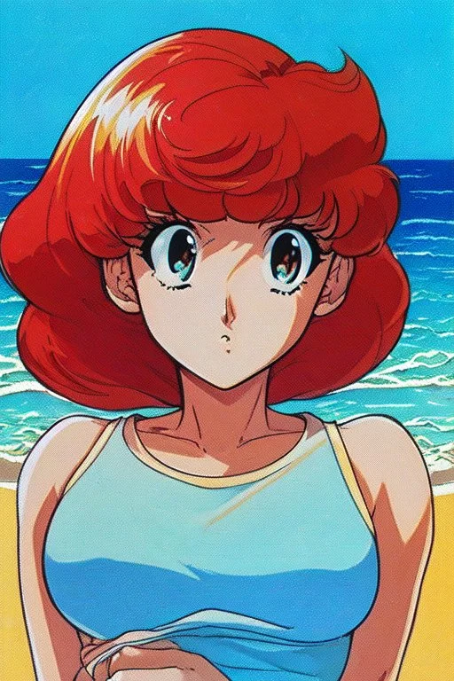 1girl, retro anime, 80's, redhead,portrait, synth-wave , beach
