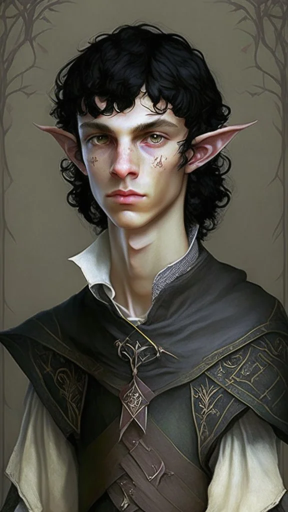 a teen elf. he has curly, black hair and sharp cheekbones. His eyes are black. He wears fantasy medieval clothes. he is lean and tall, with pale skin. with all full body