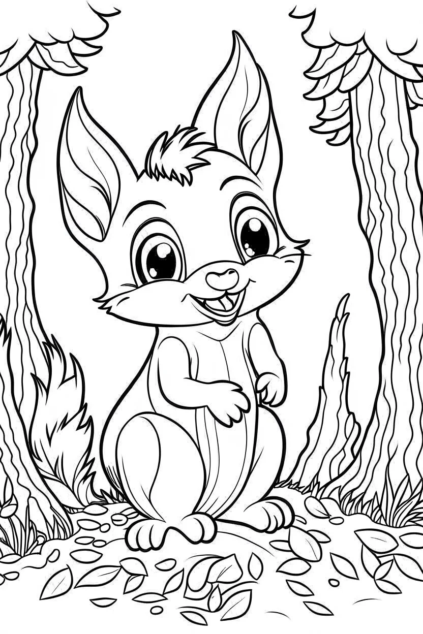 cute coloring page, sketch style, cute baby squirrel in the wood, cartoon, white and black, withe background, no shadows, outline.