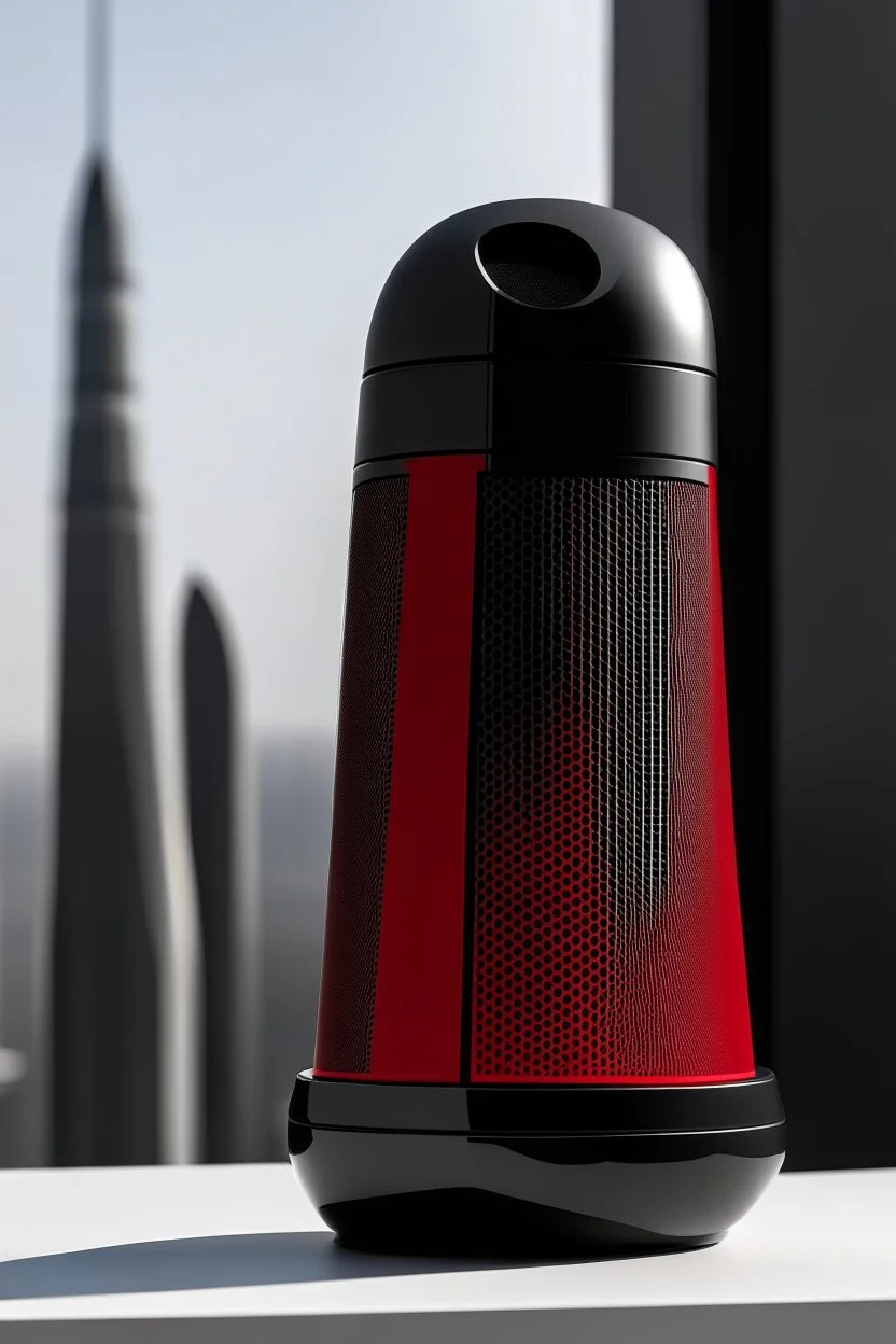 portable speaker, form inspired by Burj Khalifa, architecture form, modern design style and black and red color