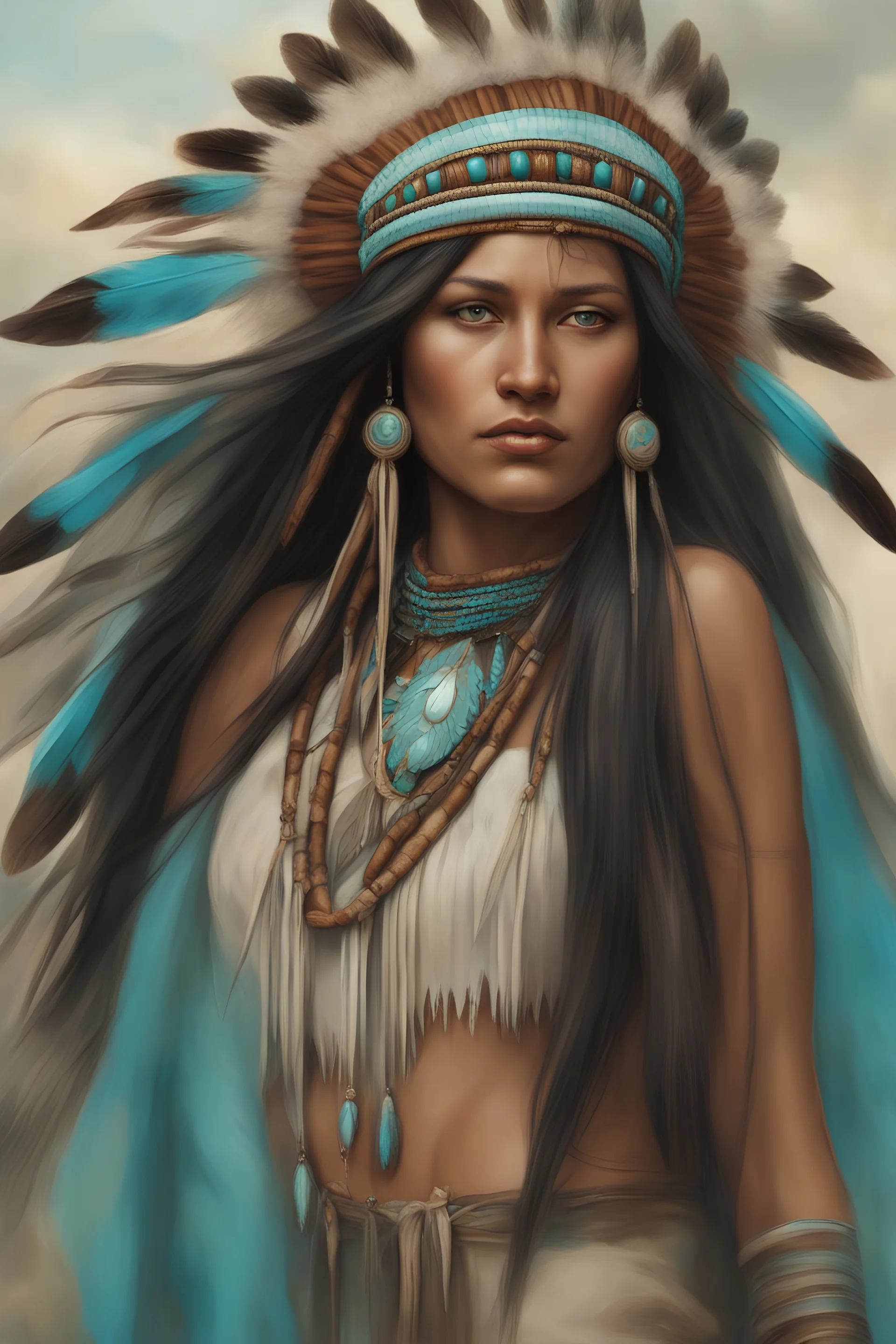 Beautiful Native American woman with long flowing hair wearing a Native American head-dress, turquoise jewelry, trending on artstation plastic, Deformed, blurry, bad anatomy, bad eyes, crossed eyes, disfigured, poorly drawn face, mutation, mutated, extra limb, ugly, poorly drawn hands, missing limb, blurry, floating limbs, disconnected limbs, malformed hands, blur, out of focus, long neck, long body, ((((mutated hands and fingers)))), (((out of frame))), (((signature))), (((signatures))) blender