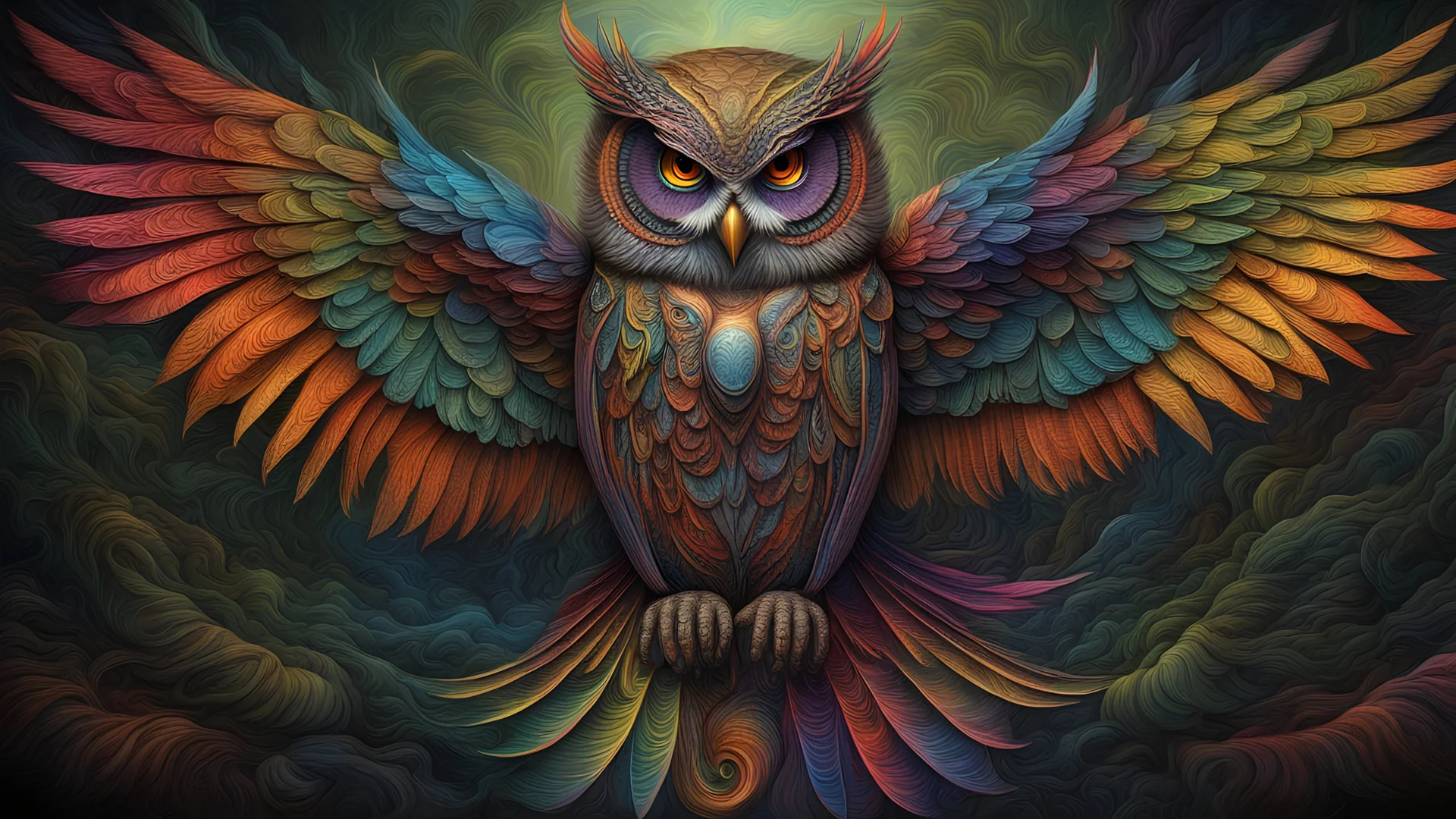 3d rainbow flying owl, mystical, full image, with vivid detailed amazing eyes, brighr fractal colors, hyperdetailed, h.r. giger, egyptian, fantasy, Metaphorical Realism, electric feathered effect Abstract line art, deep cut 3D effect, in an enchanted forest