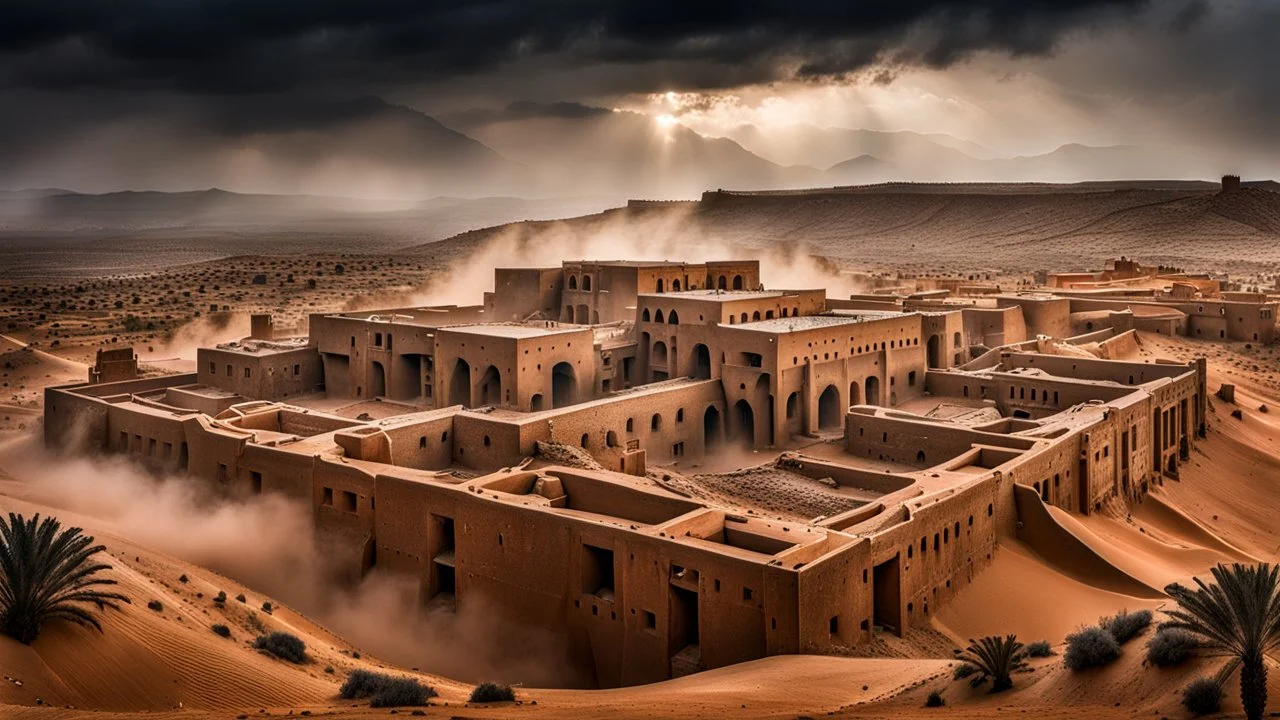 Massive brutalist architecture emerging from a desert landscape, fused with the ancient ksar structures of Ksar Ouled Soltane, partially hidden in dense fog. Monumental concrete forms mixed with traditional North African clay granaries, cinematic composition, ultra detailed, photorealistic, atmospheric lighting, dark surreal mood, mysterious scale, soft sandstorm haze, moody shadows, dystopian yet ancient feeling, high contrast, realistic textures, epic wide-angle shot, fog