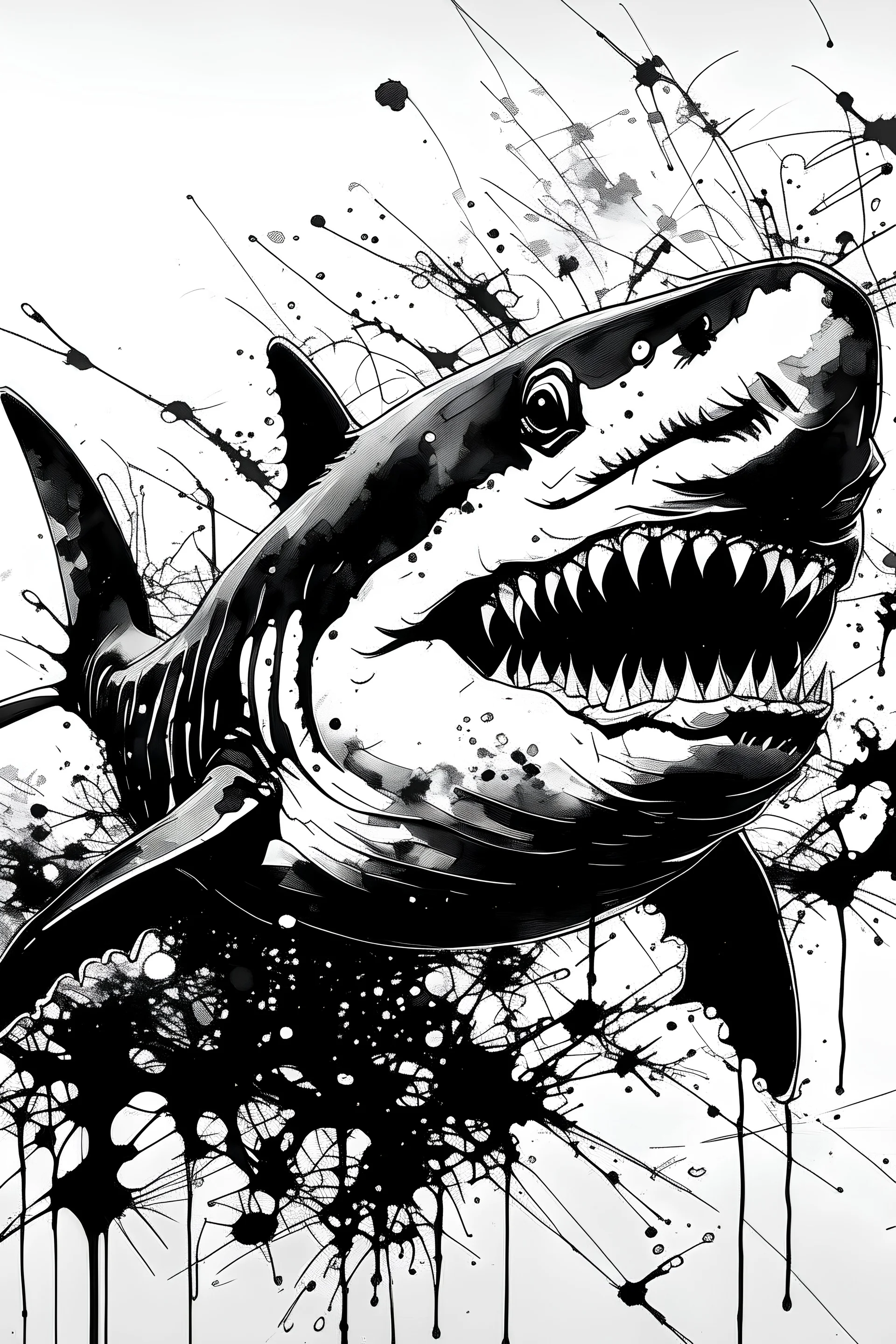 In an art naive style but realistic painterly black and white ink creation do me a shark. Created with ink splashes and blends. No hard lines