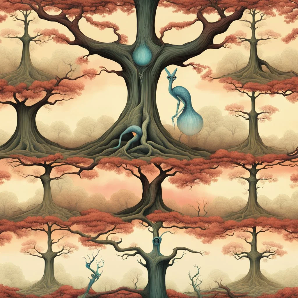 Surreal trees shaped like incredibly long-limbed and thin weird alien-like cryptids "Thins" who wrap themselves around massive smartphones caught in their arm branches, surrealism, sharp focus, by Kay Nielson, by Yves Tanguy, by Andy Kehoe, sinister, weird-land, sharp warm colors, art from beyond.