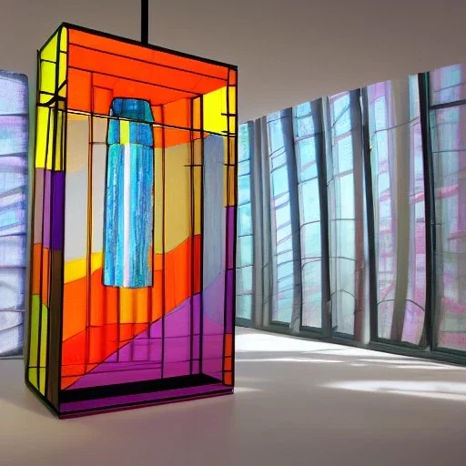 an architectural model of a colorful glass gondola on display in a contemporary art gallery in a bell jar, caustics reflections, symmetrical, pointed arches, frosted glass, muted fall colors, glossy from rain, rayonnant style