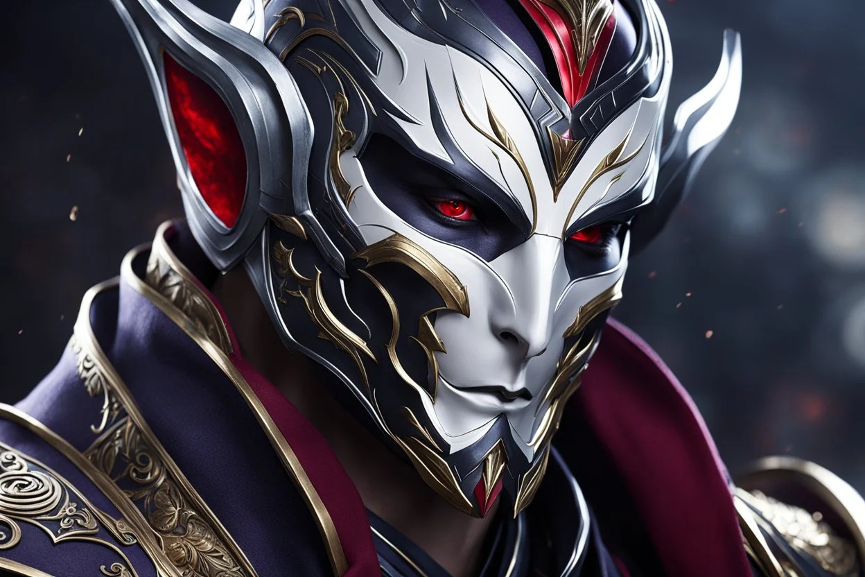 Jhin in 8k live action artstyle, bloody moon mask, close picture, intricate details, highly detailed, high details, detailed portrait, masterpiece,ultra detailed, ultra quality