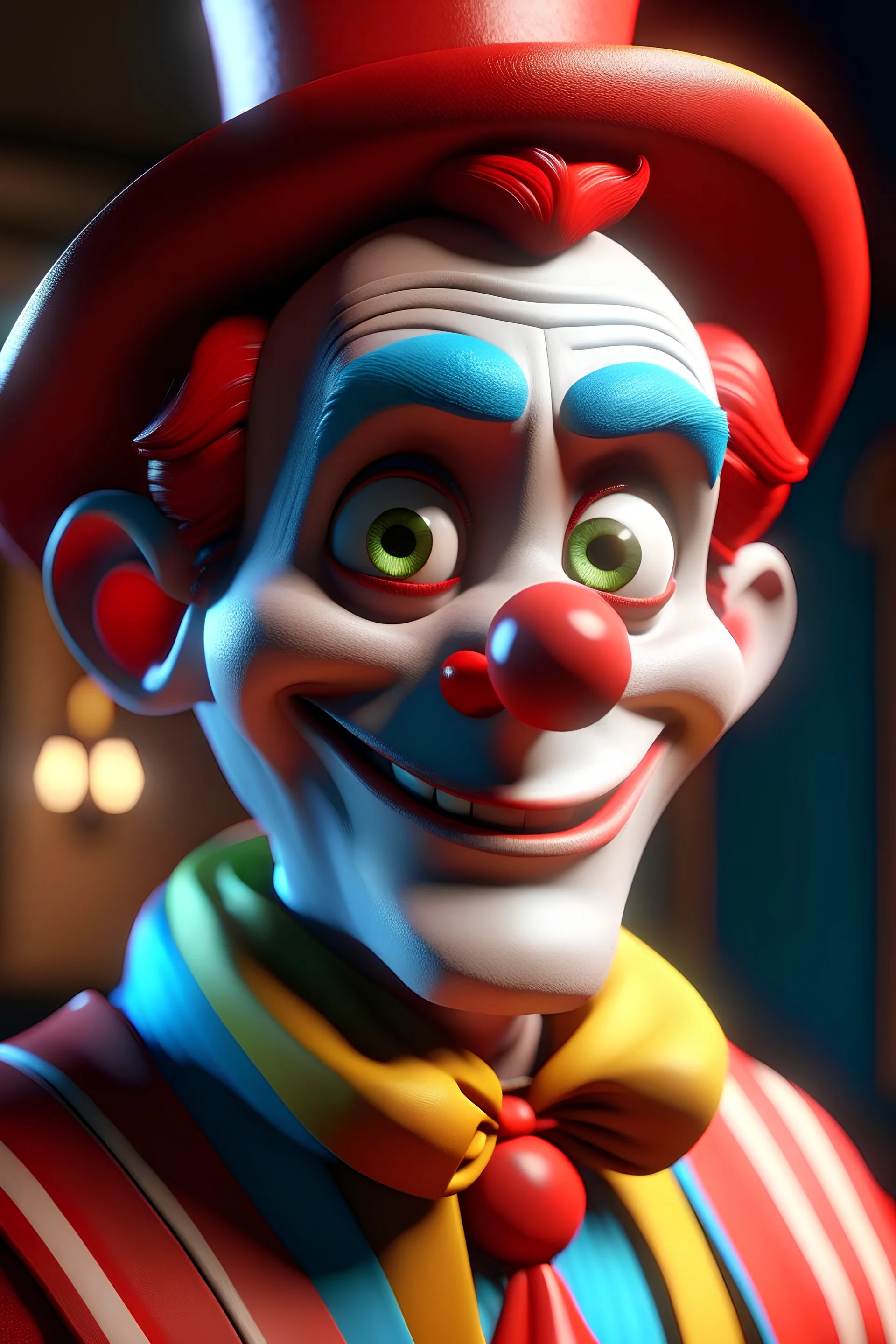 Generate a fully realistic Disney-style avatar in 4K resolution featuring a male character with large, expressive eyes and a cheerful facial expression. The character should be dressed as a circus clown, with vibrant and whimsical attire. Pay attention to intricate details in the clown costume to capture the charm and playfulness associated with Disney characters. Emphasize a sense of joy and entertainment in both the facial expression and the clown attire. Ensure that the eyes are captivating a