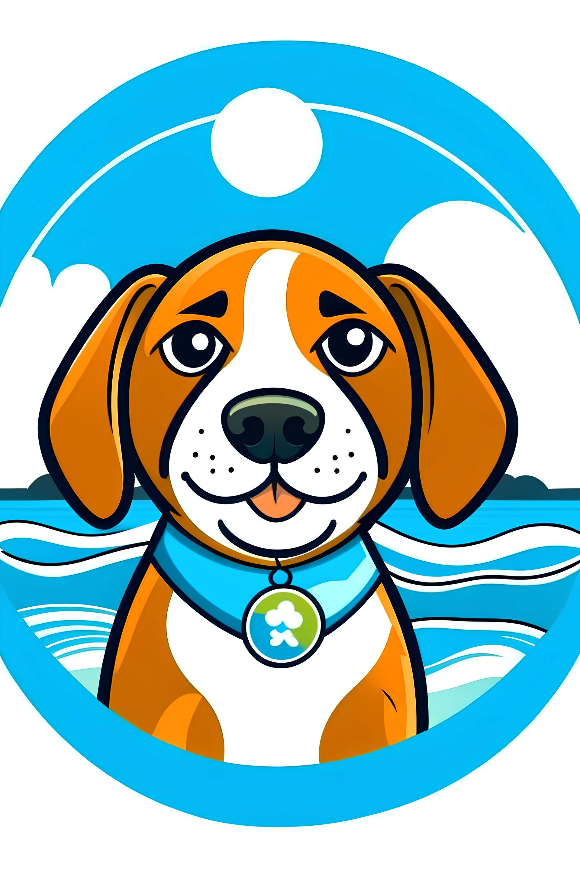 Logo rond pour une association de protection des plages avec un chien beagle souriant deguisé en super héro