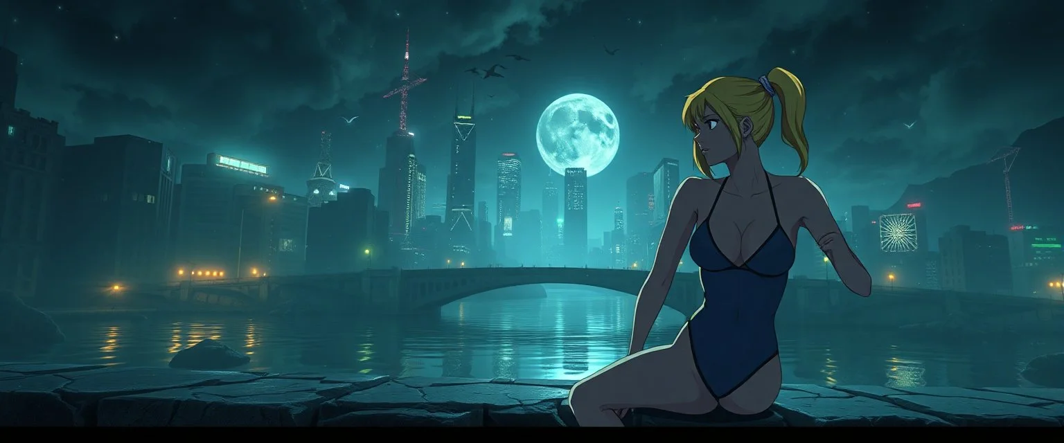 sleep matters in swimsuit on stone bridge in a bad ass cyber punk anime fallout 4 world