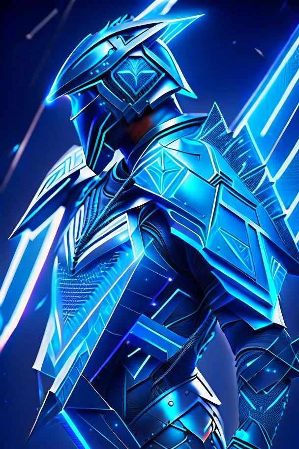 neon blue, flying parts of armor in form of triangles, cyber armor, geometric patterns on armor, male, orbiting triangle