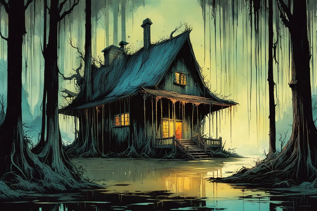 A monstrous , ramshackle witches shack exuding a malevolent light, in a dark cypress swamp overhung with Spanish moss , in the comic book style of , Bill Sienkiewicz, , Alex Pardee , and Jean Giraud Moebius, muted natural color, sharp focus, ethereal , dark and foreboding