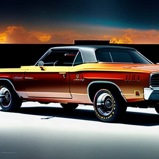 fullbody Drawing of '1970 Dodge Coronet ',intricate detail,andrea bonelli,Kilian Eng,Ohrai,evan lee,Aleksandr Sidelnikov,KyuYong Eom,three quarters frontal aerial view,toned colors,16k