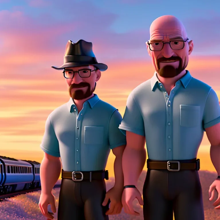 Walter White and his family with a train, 8k, realistic body, with a fedora, sunset background,