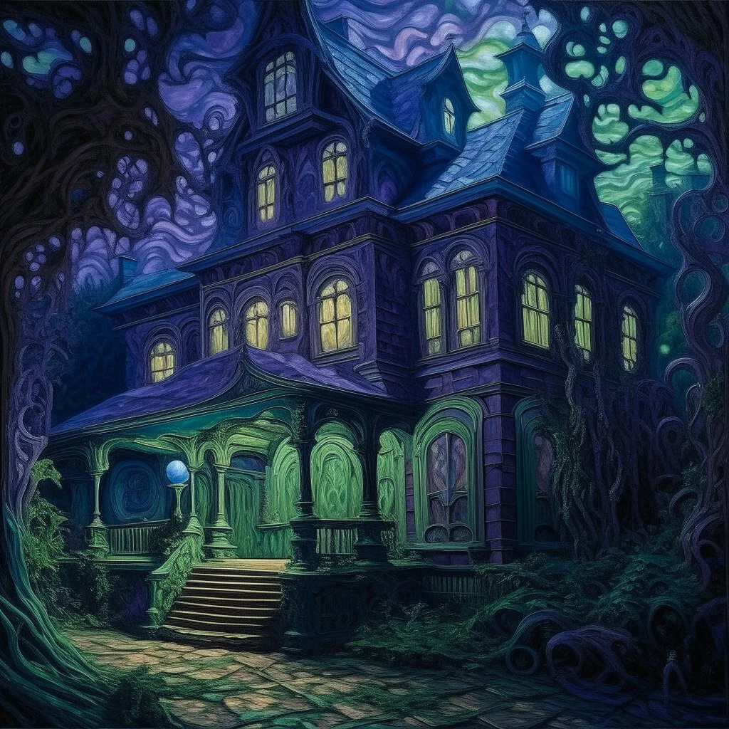 A purplish periwinkle haunted mansion with spirits painted by Vincent van Gogh