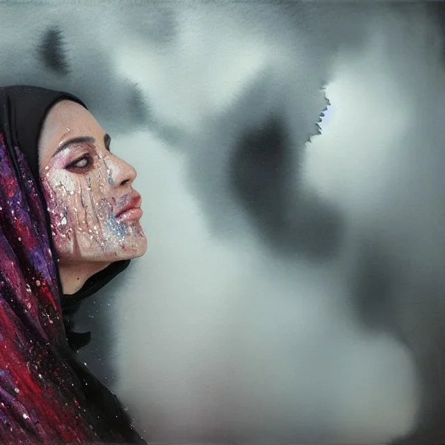 melting watercolor paint as woman's face wearing hijab, dripping, melting face, fine detail, highly intricate, modern surrealism painting, fog, high-quality, volumetric lighting, 8k, ultrahd, George Grie, Ben Gossens, Marco Escobedo, Igor Morski,Brian Froud, Howard Lyon, Selina French,annie stokes