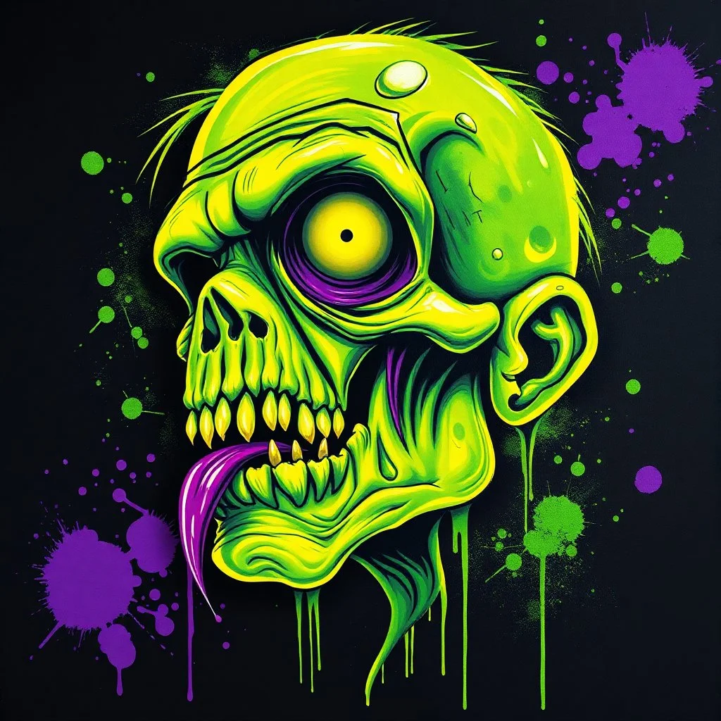 Airbrushed caricature of a horrific zombie, neon green and yellow with purple paint splatters on black background