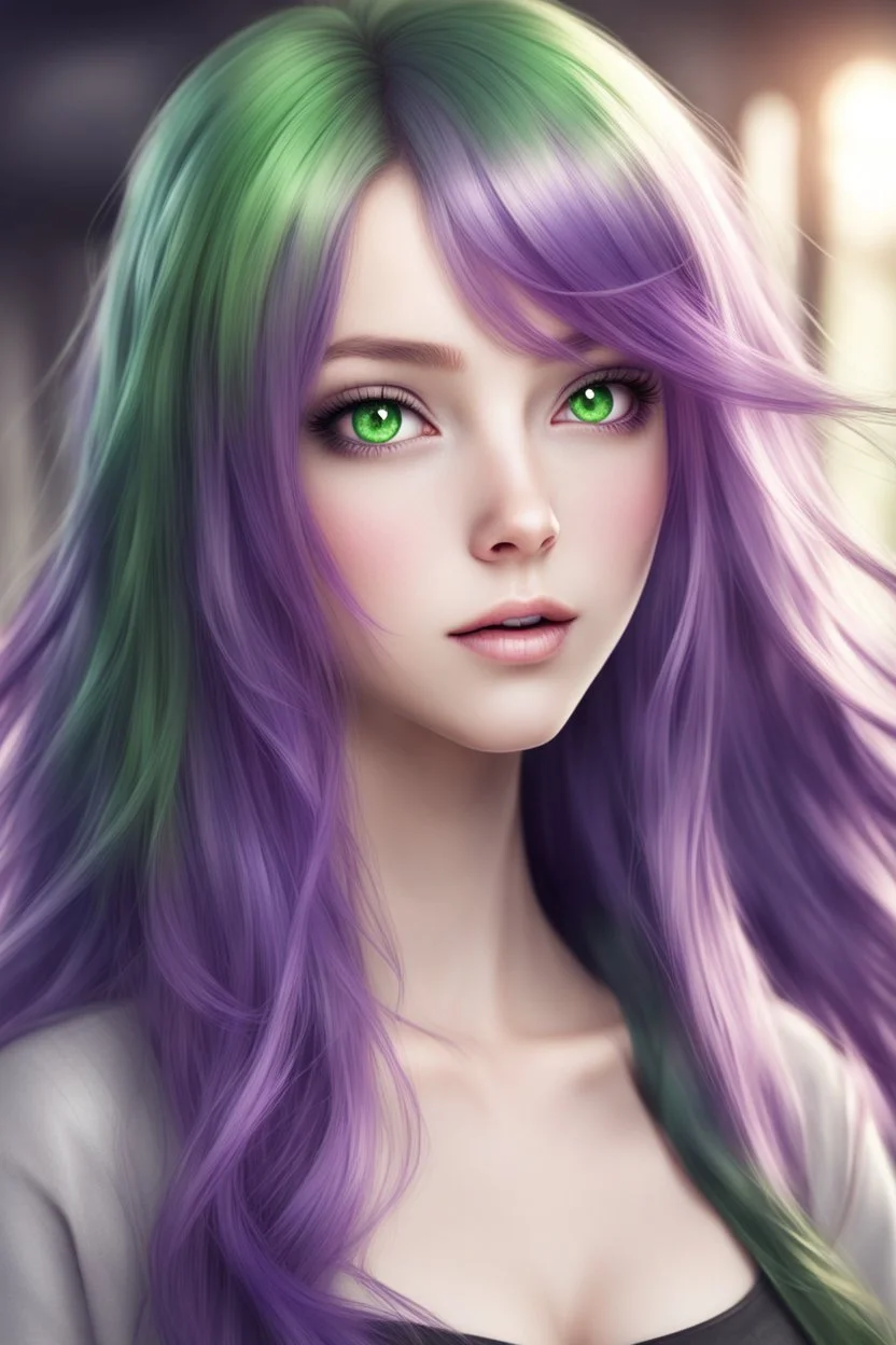 beautiful young woman with long purple hair style anime green eyes