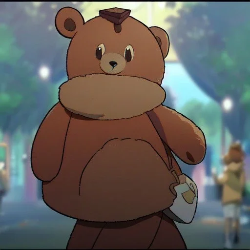 Clear focus, High resolution, a anime kid, cute, cartoony style, smiling, anime screencap, hair between eyes, holding a brown teddy bear, small forhead, female