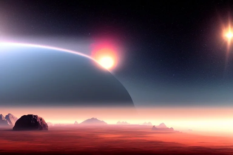 Epic exoplanet in the horizon, clouds, big mountains, water, science fiction landscape